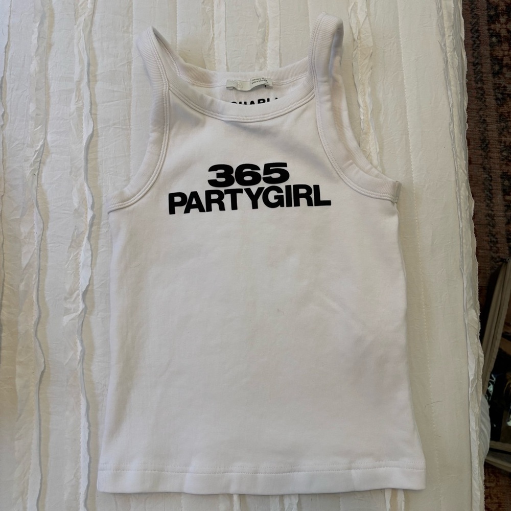 White Tank Top with Black '365 PARTYGIRL' Print